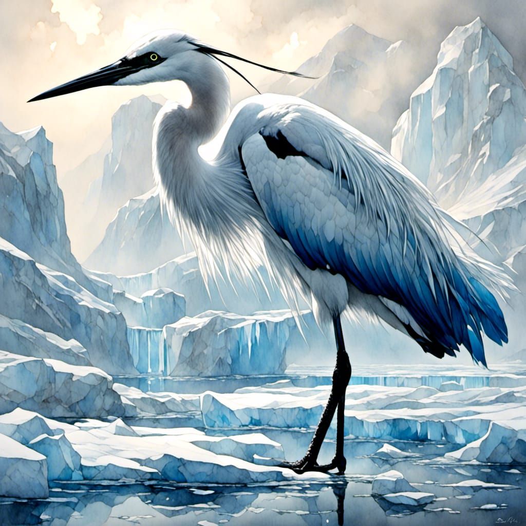Majestic Blue Winged Ice Crane Watercolor