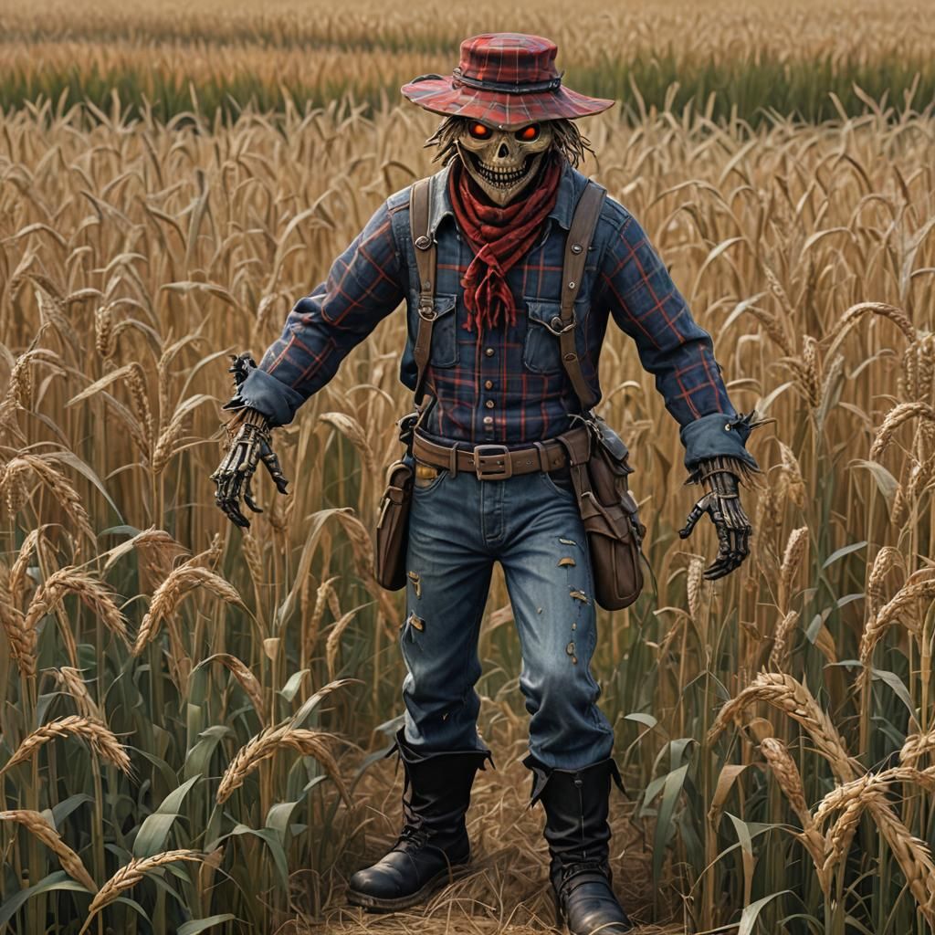 Scarecrow, red plaid shirt, ragedy burlap cap, blue jean pan...