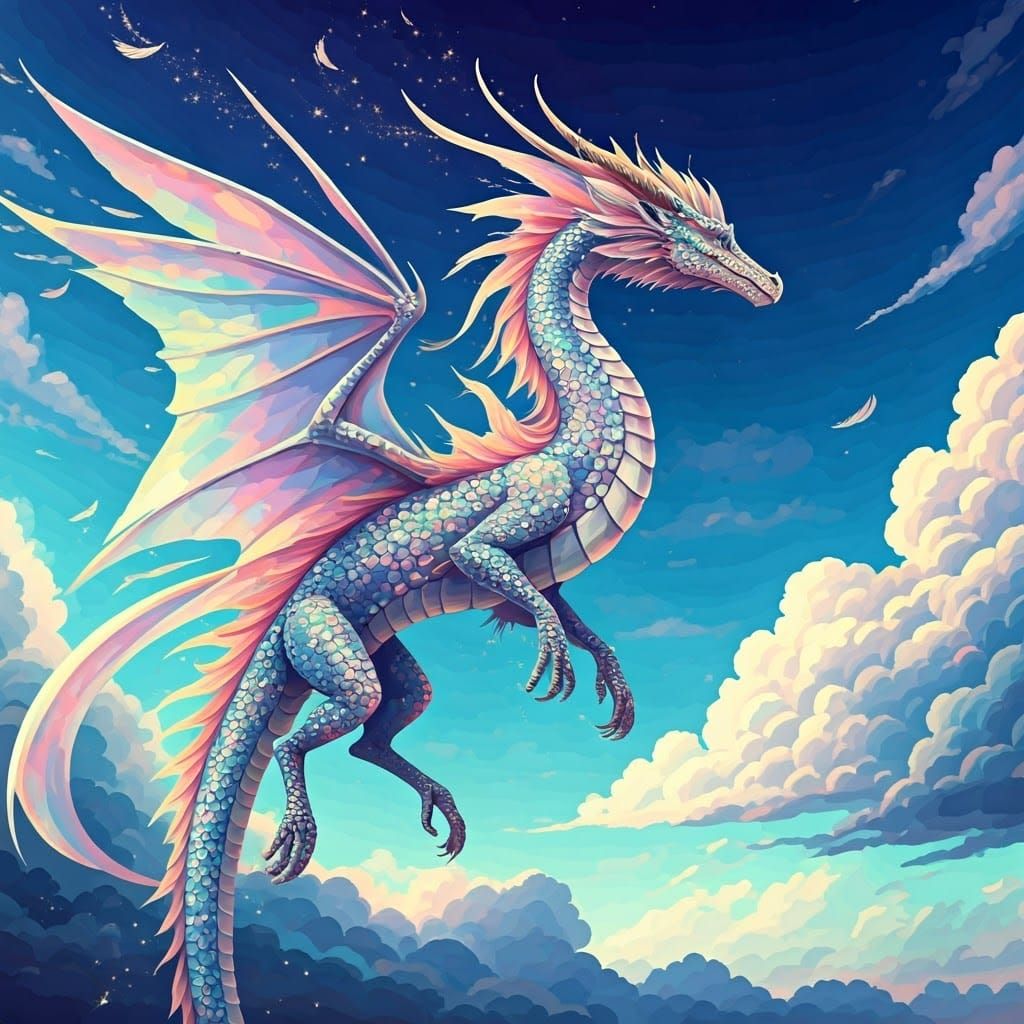 Shimmering Fantasy Dragon Soars Through Celestial Skies