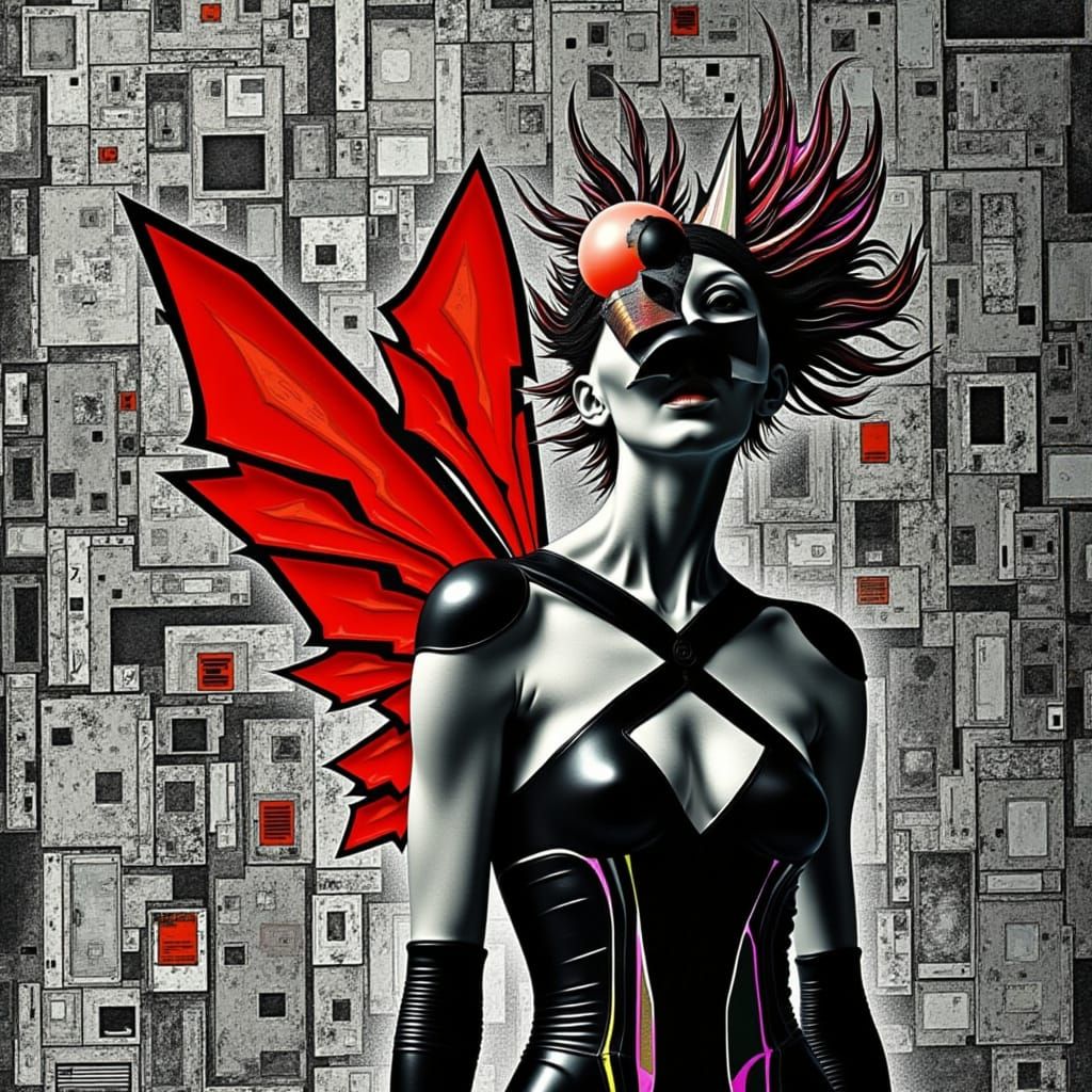 Ethereal Fashion Icon in Dada-Inspired Geometric Winged Eleg...