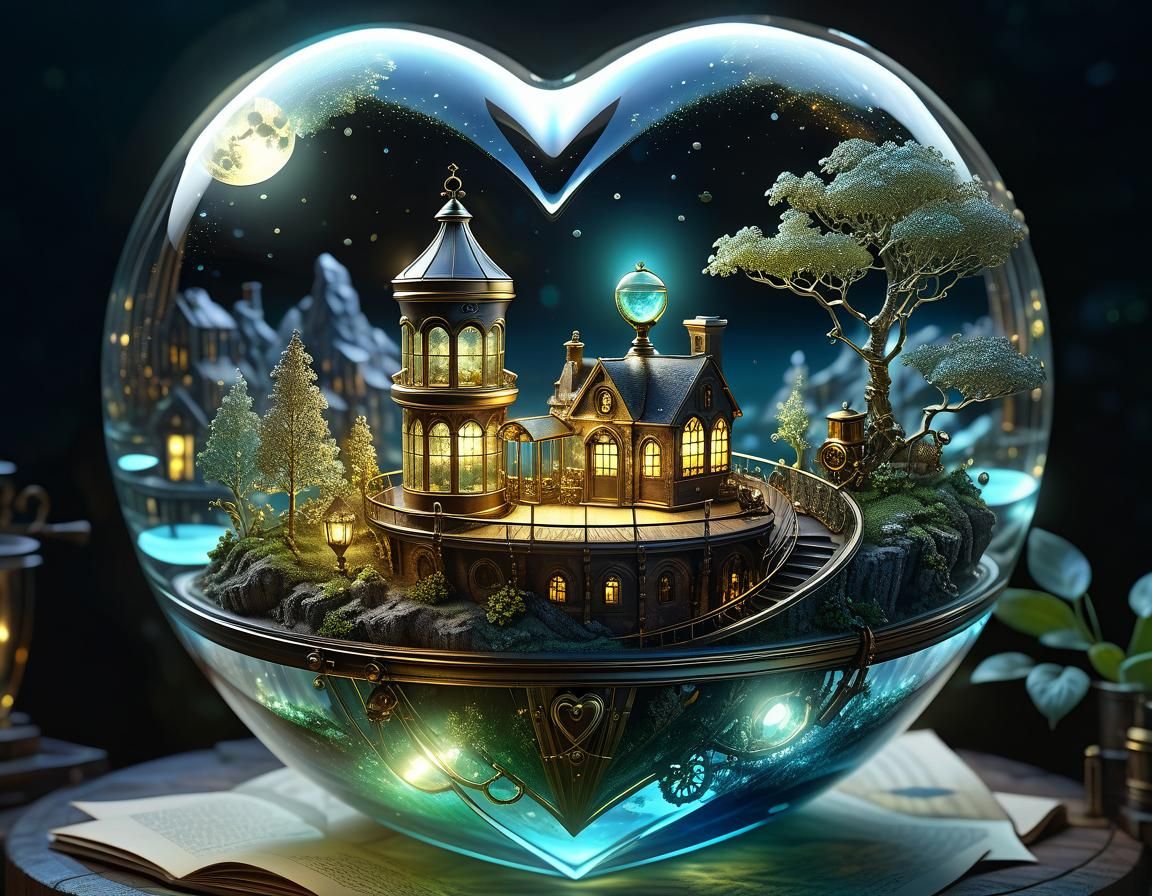 Steampunk Island Inside Glass Heart in Fantasy Style