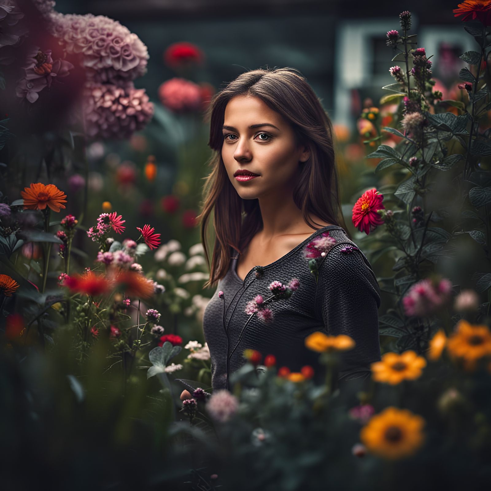 Young Woman in Hyperrealistic Flower Garden