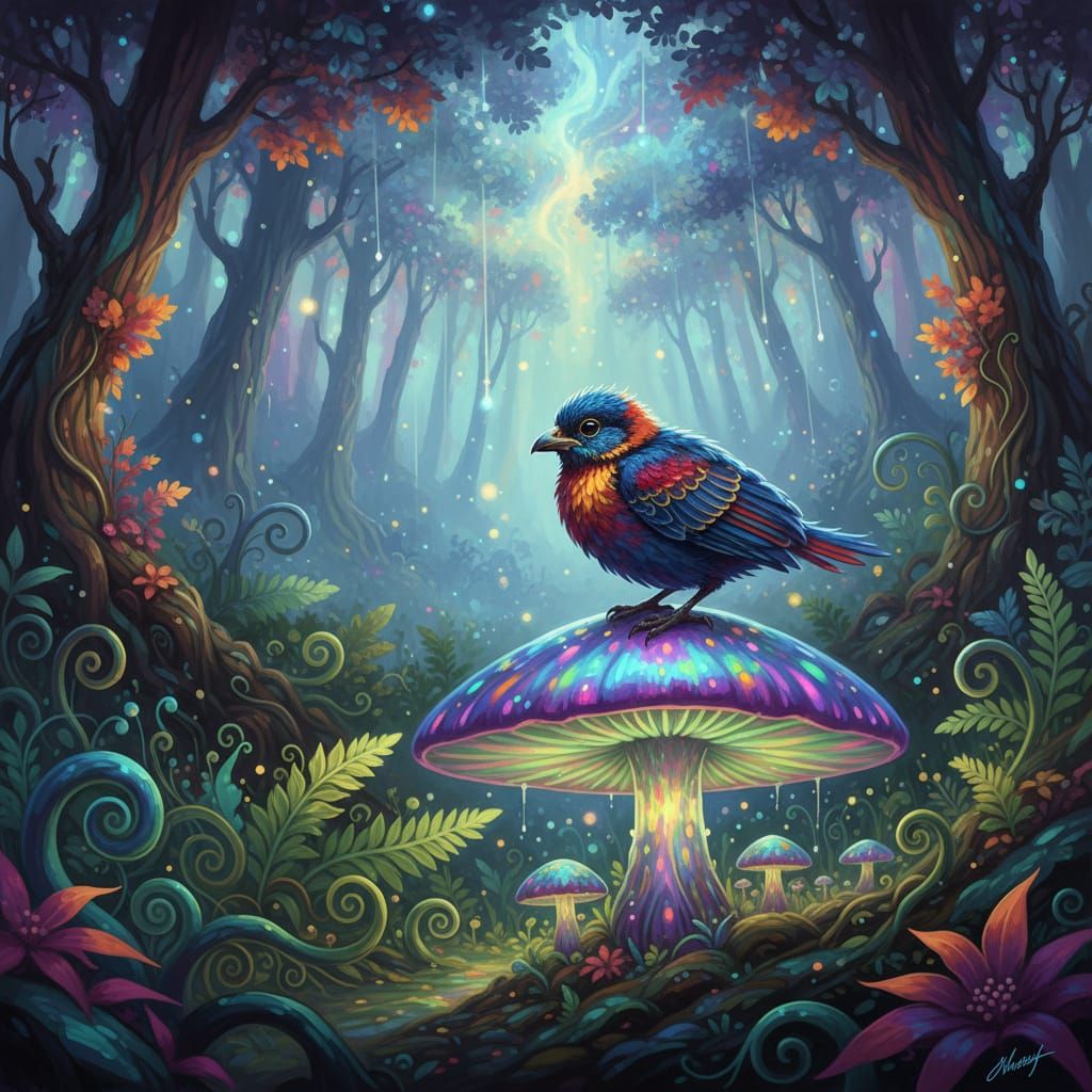 Fledgling Bird on Glowing Mushroom in Mystical Forest