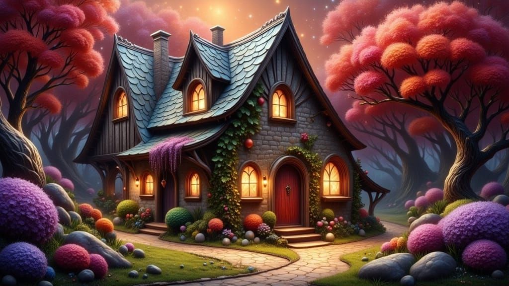Enchanted Stone Cottage in Misty Orange Forest