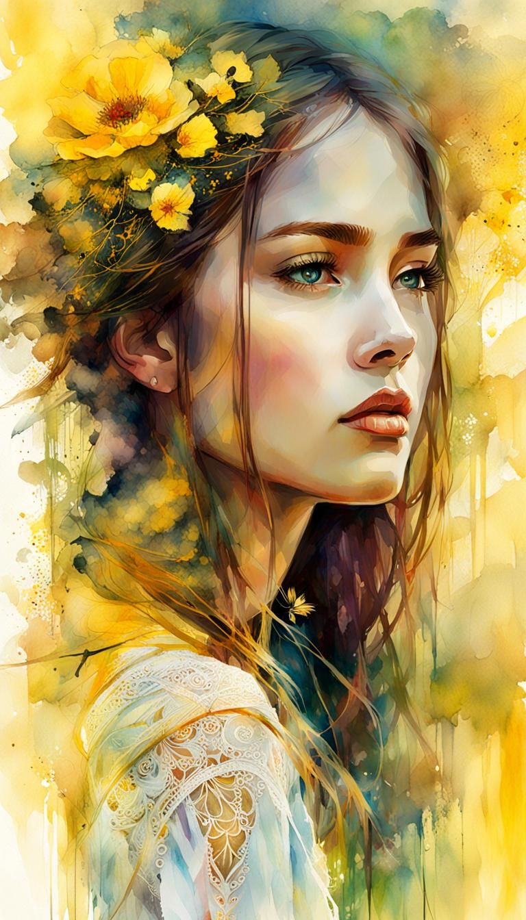 Fantasy Sunset: Young Woman in Digital Watercolor