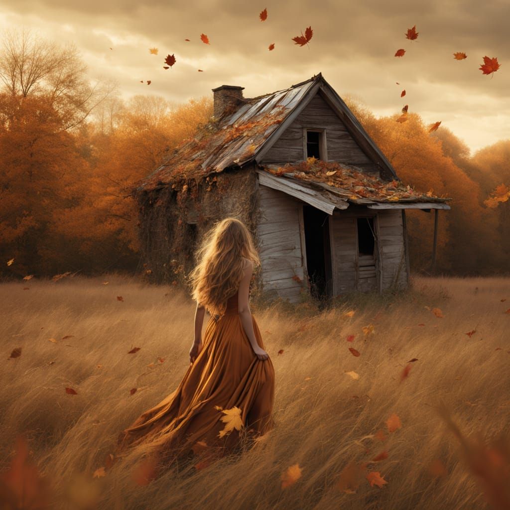 Ethereal Woman in Autumn Field of Unraveling Time