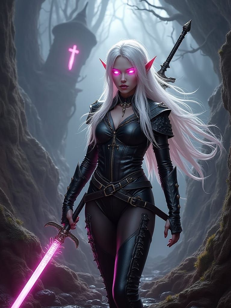 Albino Elf in Black Leather: Epic Digital Matte Painting