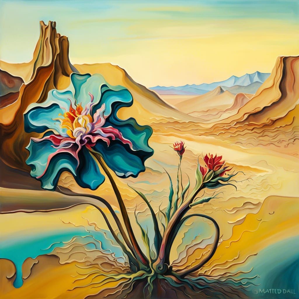 Surreal Flower in Desert, Gouache Impressionist Style