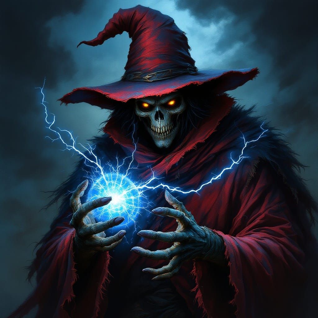 Dark Fantasy Sorcerer in Red Robe and Wizard's Hat