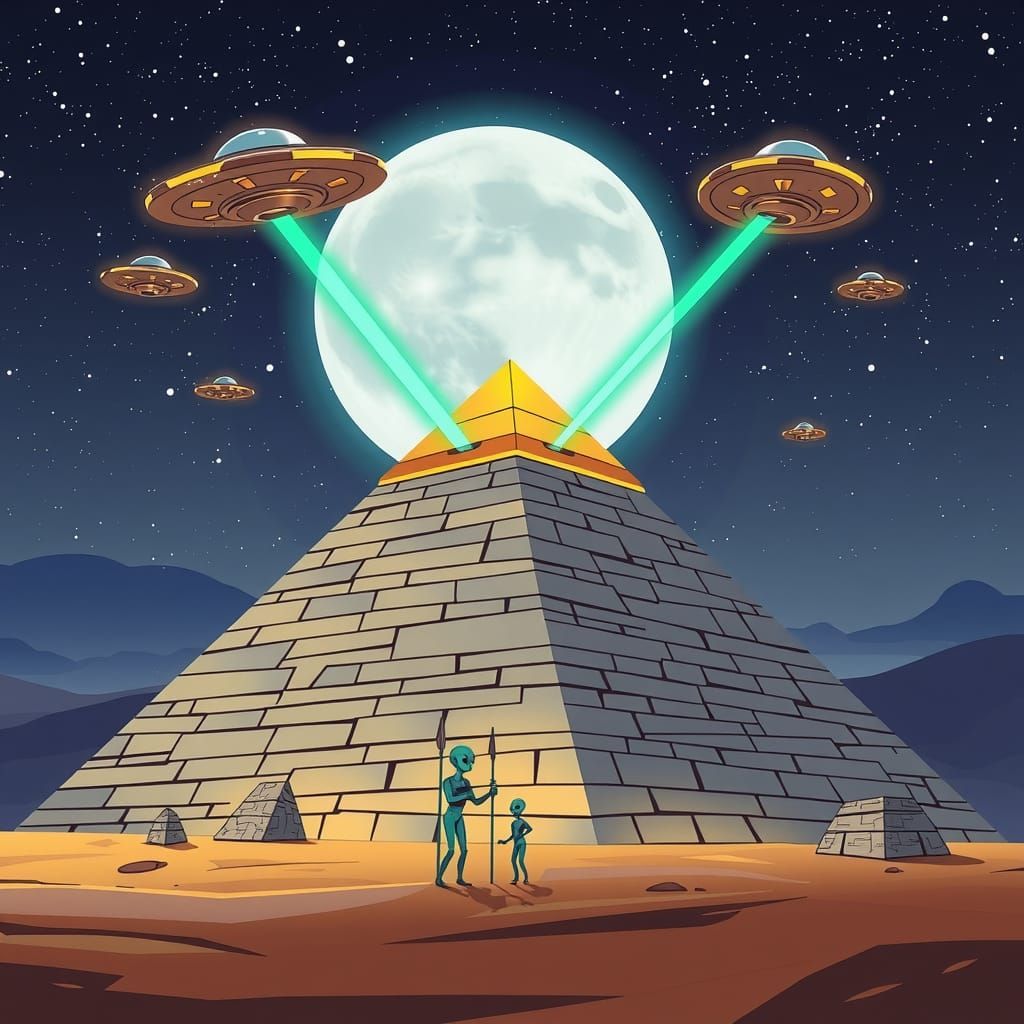 Aliens Build Pyramid Under Starry Night Sky
