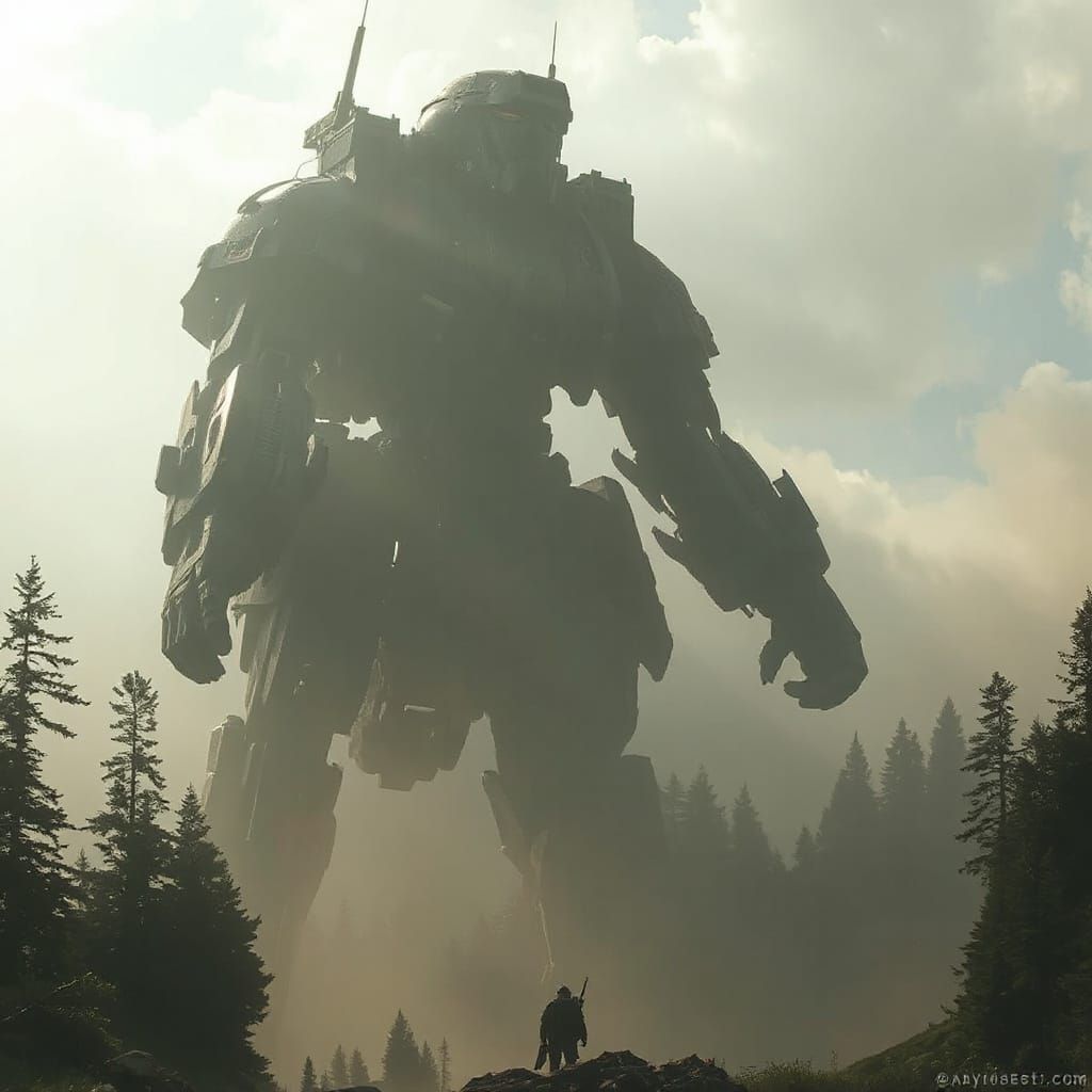 Armored Core Robot in Misty, Gloomy Landscape