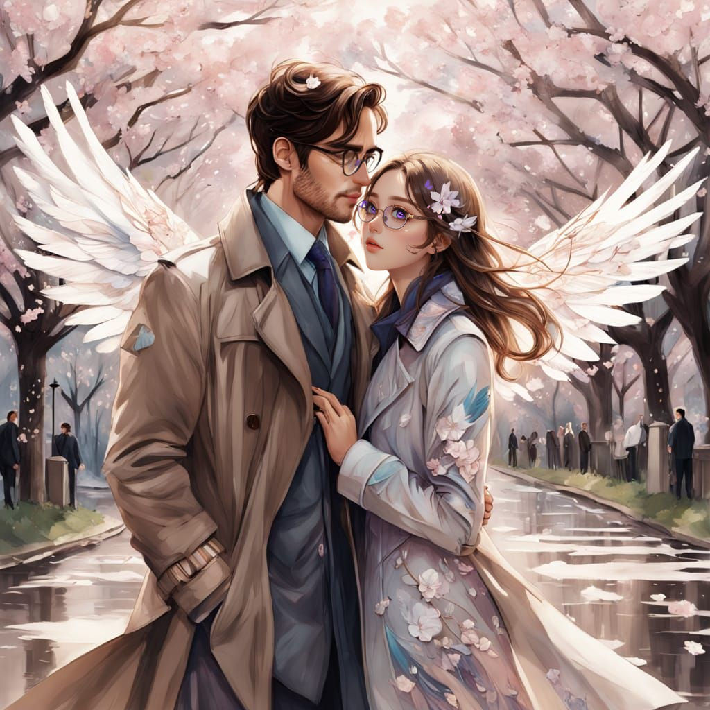 Anime Girl in Cherry Blossom Tree, Charcoal Drawing