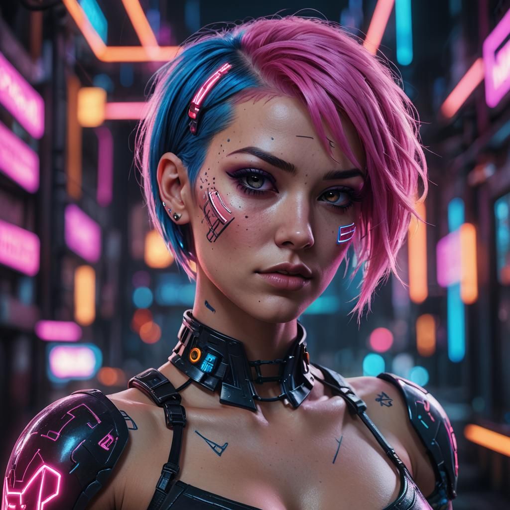 Vibrant Cyberpunk Portrait of a Cybergirl in Neon City