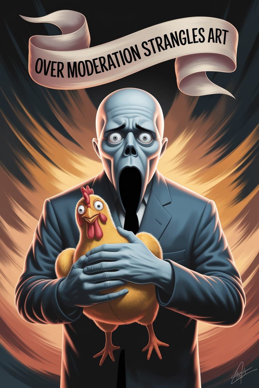 Surreal Digital Painting: Ghostly Figure Grips Rubber Chicke...