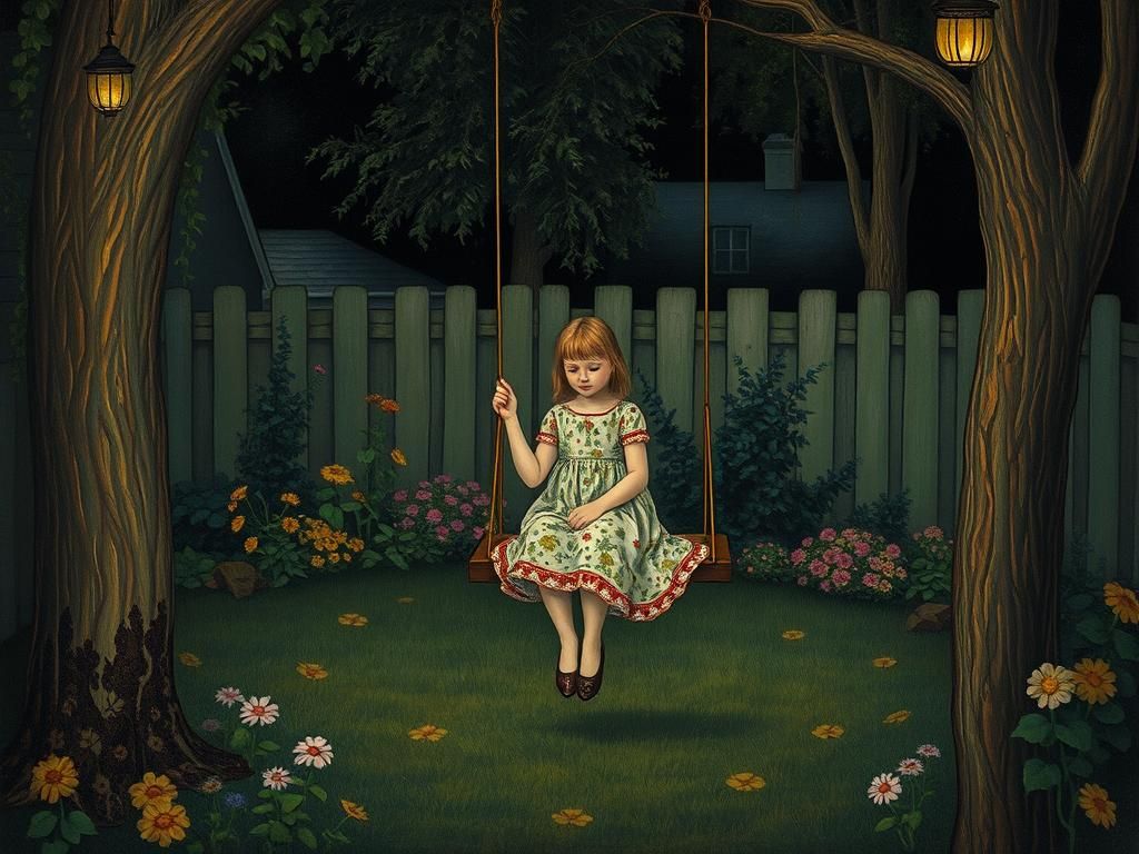 Girl on Swing in Garden, Art Nouveau Style