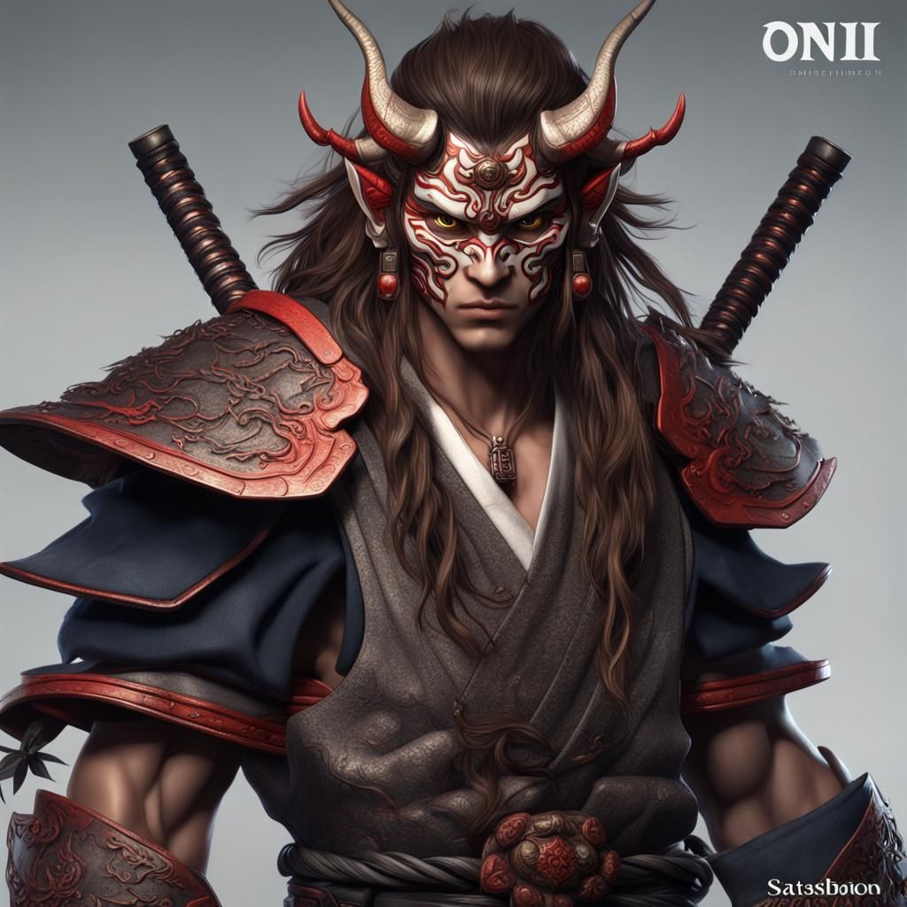 Teenage Samurai with Oni Mask in Detailed Digital Painting