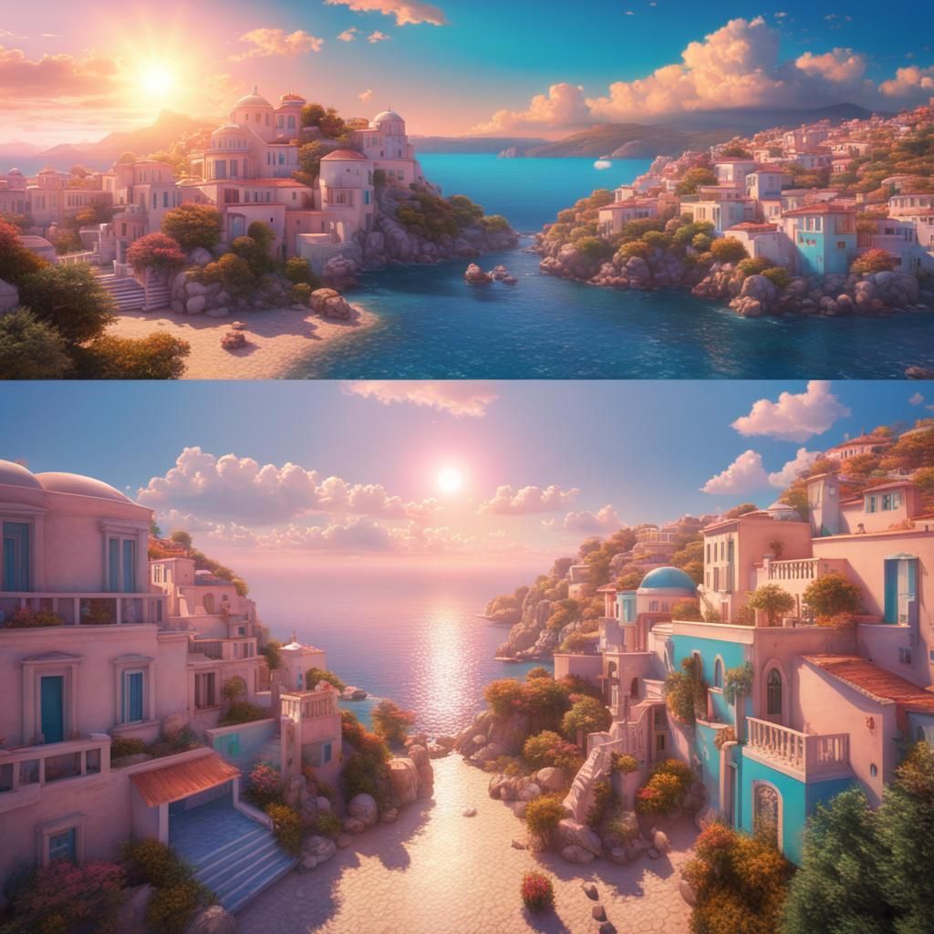 Vaporwave Sunrise Over a Greek Seaside Town