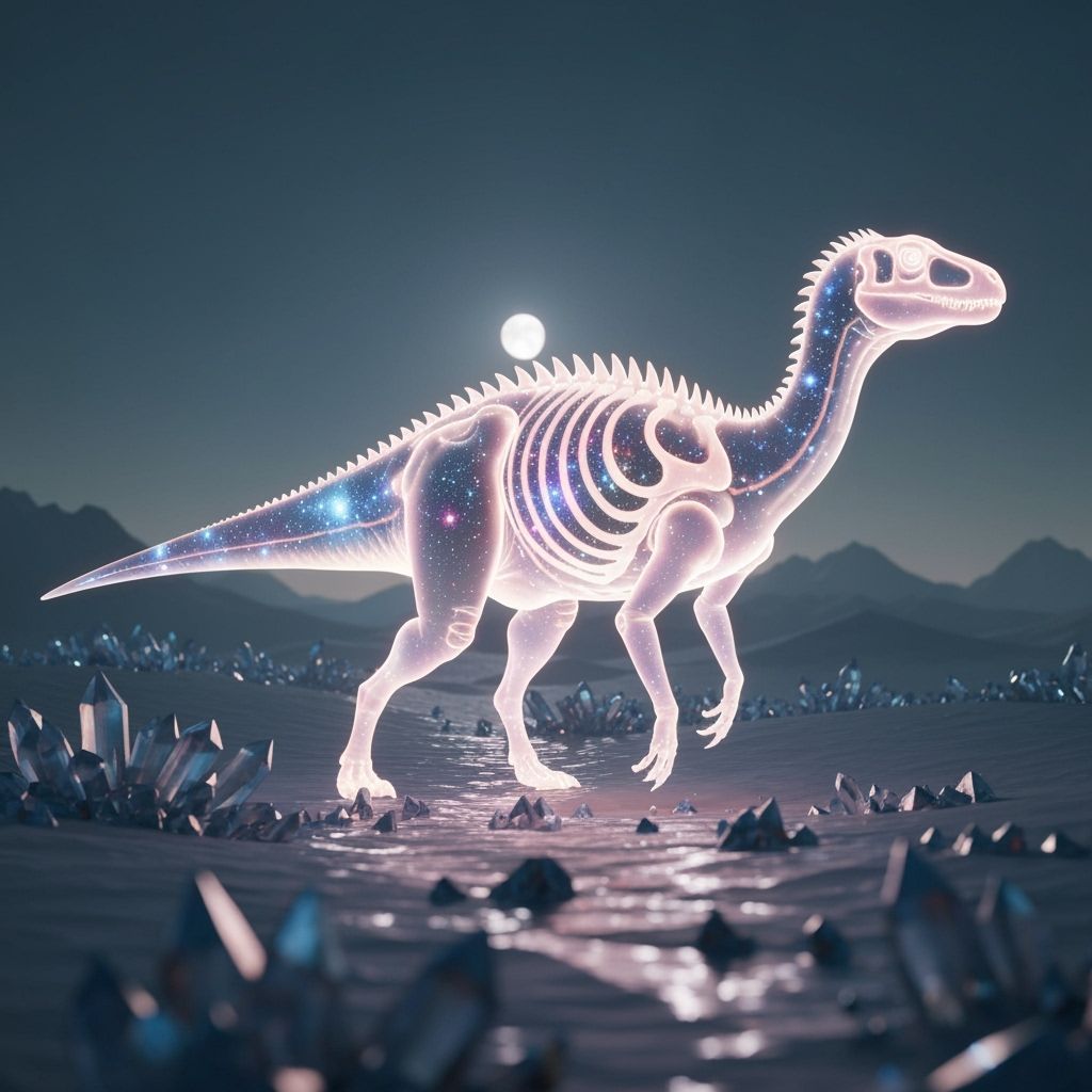 Ethereal Dinosaur in Crystal Desert with Swirling Galaxy