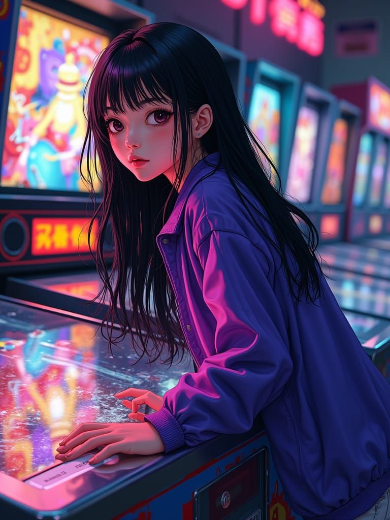Futuristic Pinball Girl in Neon Arcade