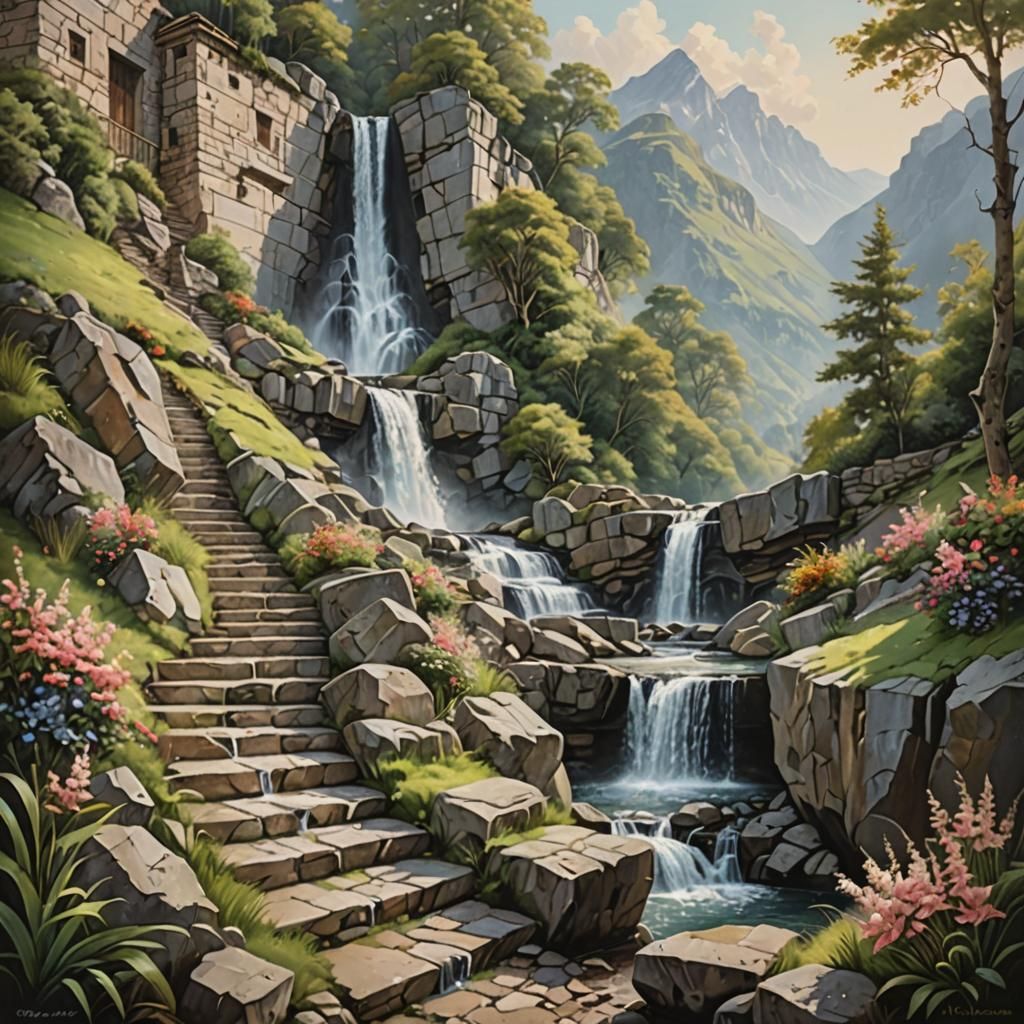 Waterfall Steps: Romantic Oil Painting on Canvas