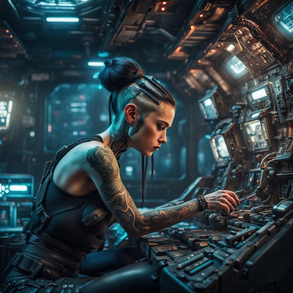 Cyberpunk Girl Repairs Spaceship in Hyperrealistic Detail