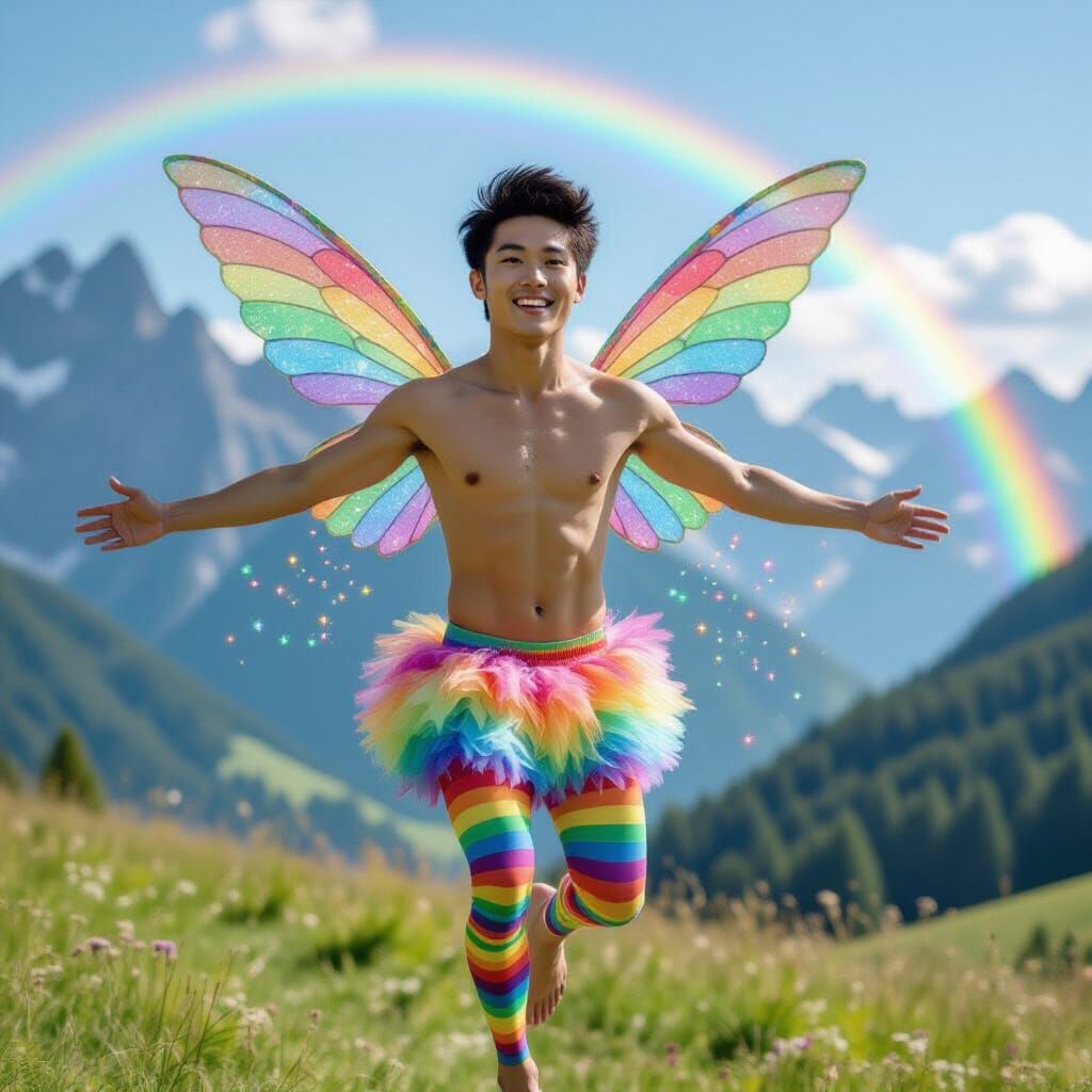 Fairy Man Flies Through Alpine Meadow with Rainbow Glitter