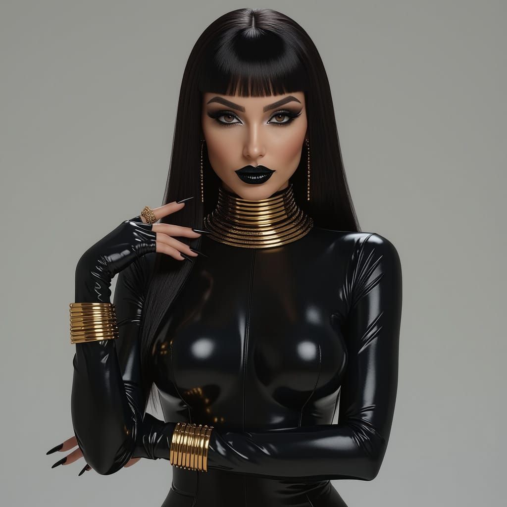 Sly Egyptian Woman in Latex with Golden Jewelry