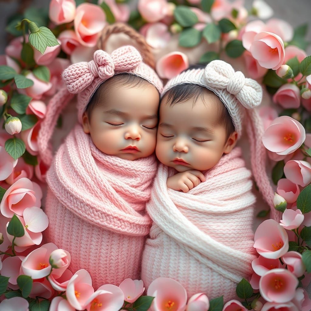Twin Baby Girls in Serene Floral Wonderland