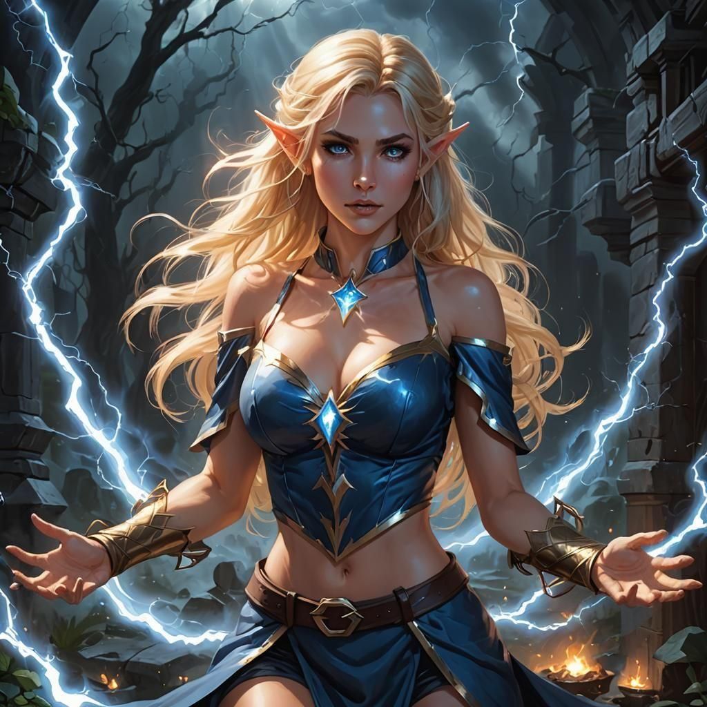 Elf Wizard Casting Spell with Blue Lightning