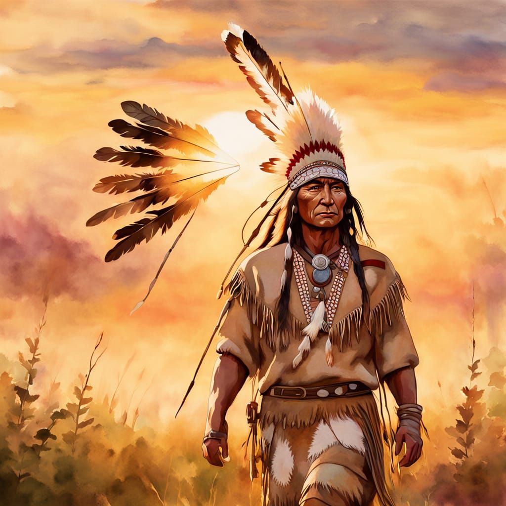 Native American Warrior Chief in Watercolor Style