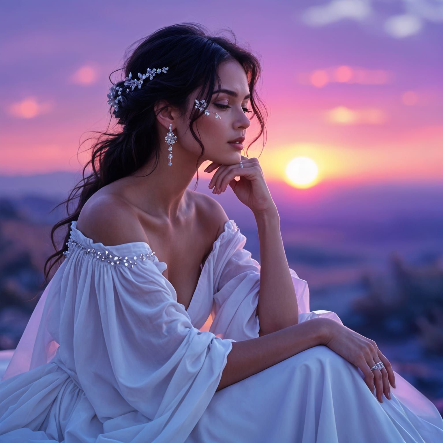 Woman Gazing at a Purple Sunset