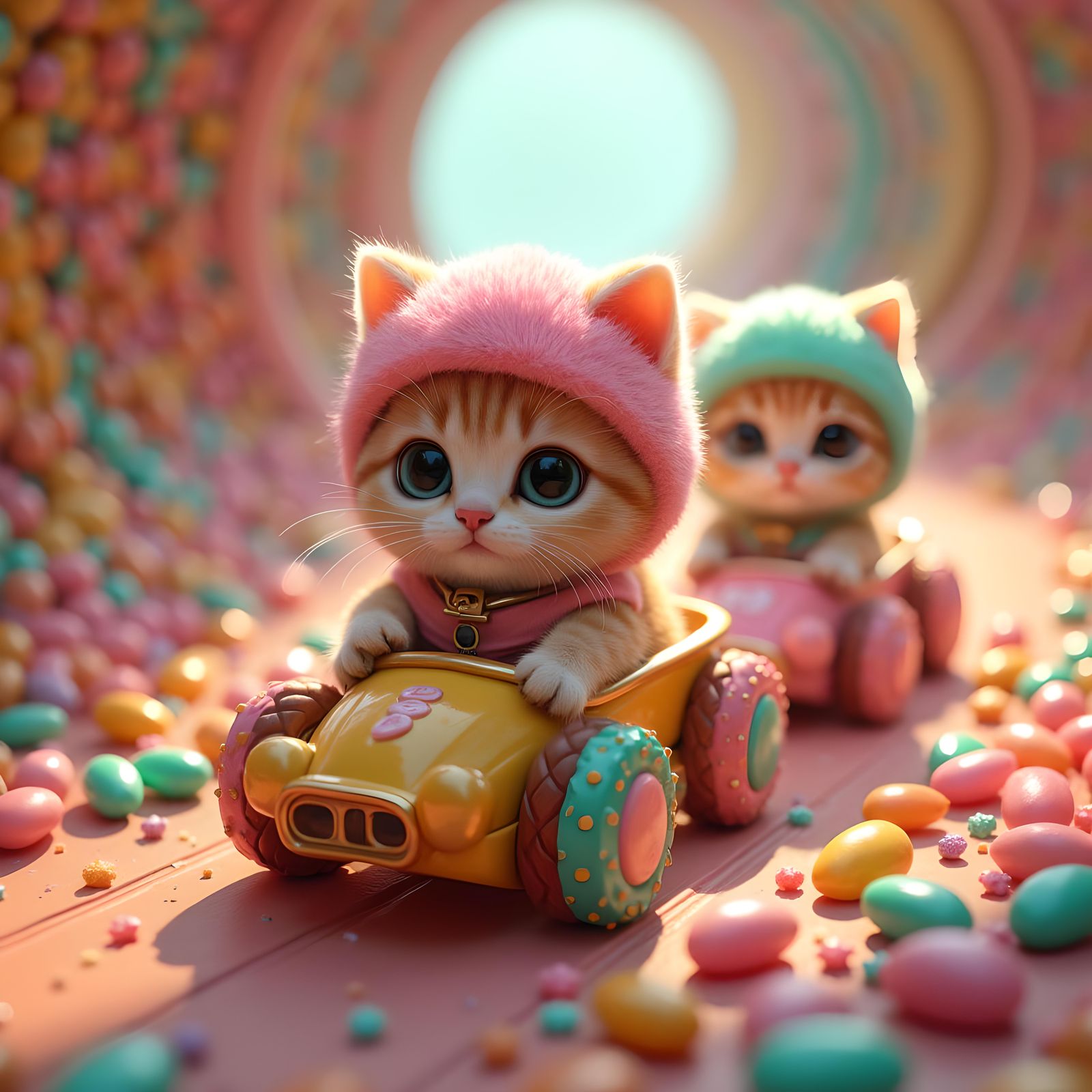 Kittens racing with jelly beans