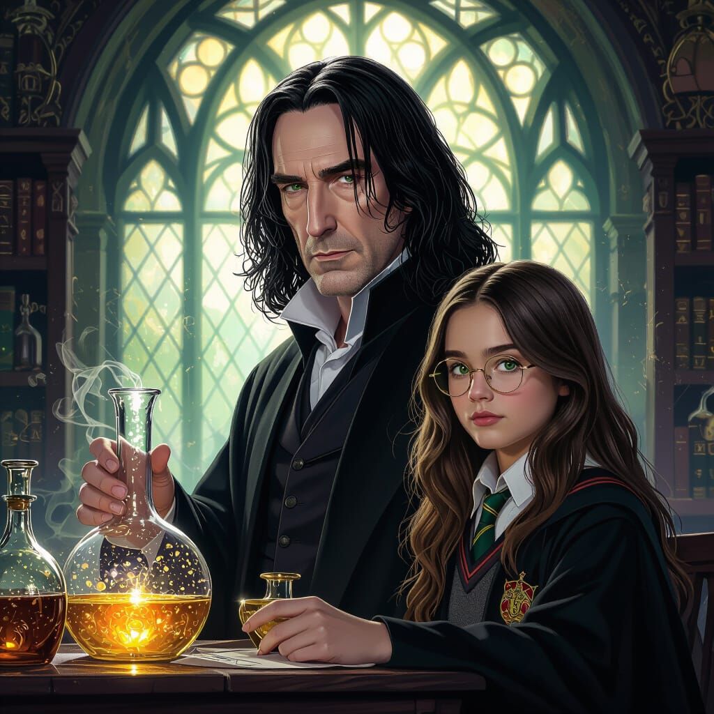 Hogwarts Potions Master and Student in Dark Fantasy Style