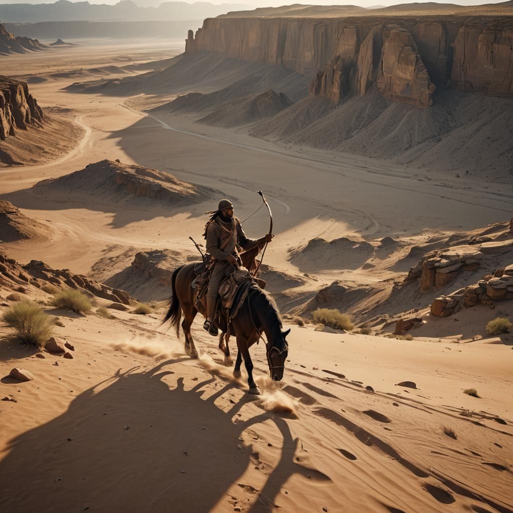 Tribesman on Horseback in Desert Landscape
