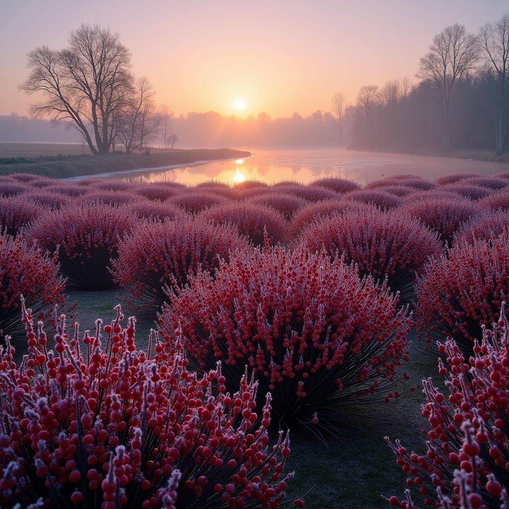 Field of Red Blueberry Bushes at Sunrise