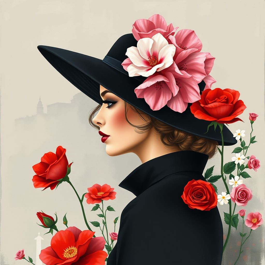 Elegant Woman in Profile with Floral Hat