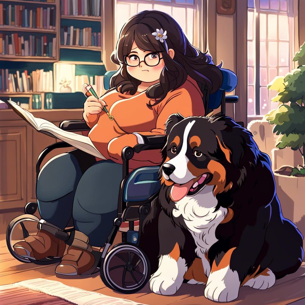 Chubby Novelist and Dog in Anime Style
