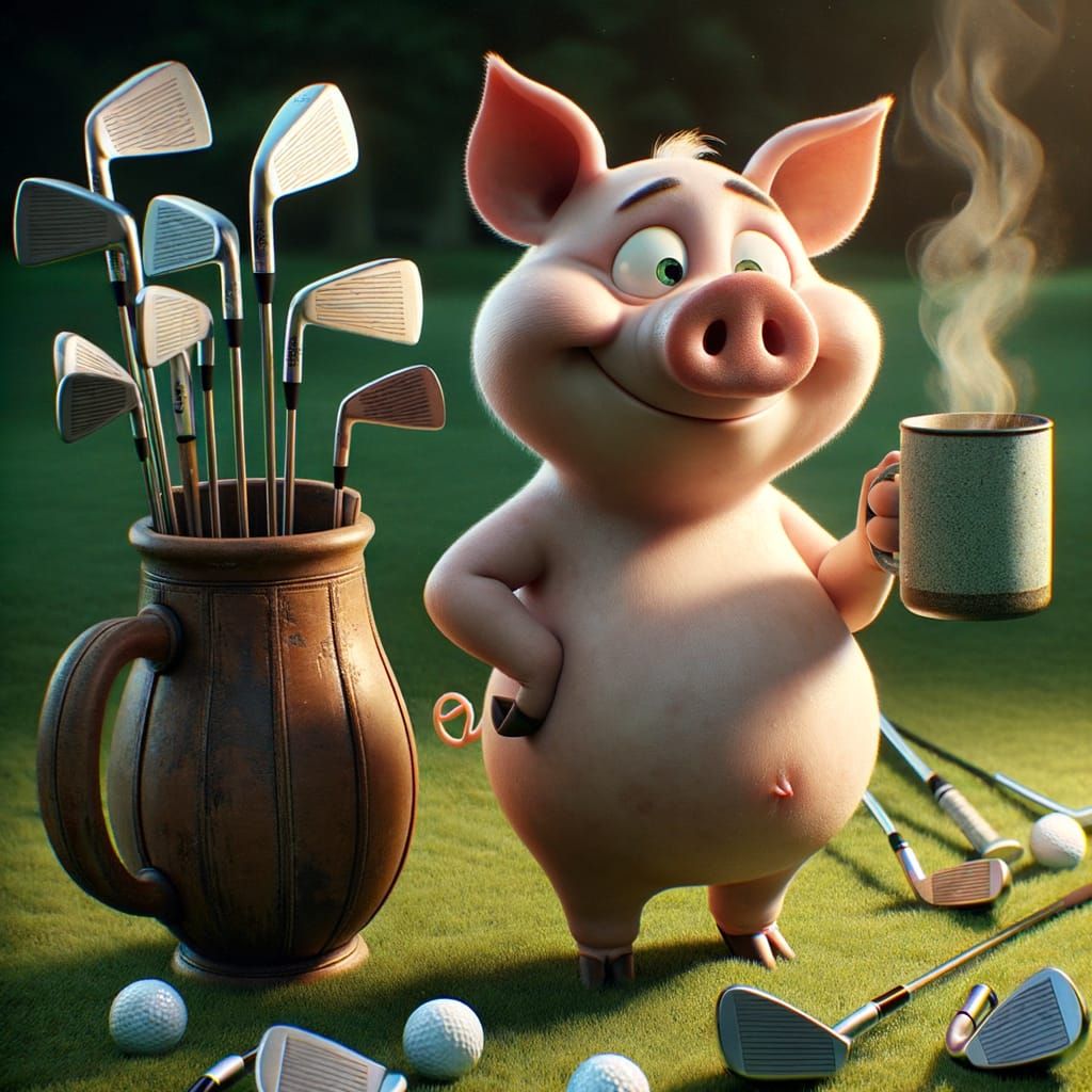 Jovial Pig Tees Off with Steaming Cup