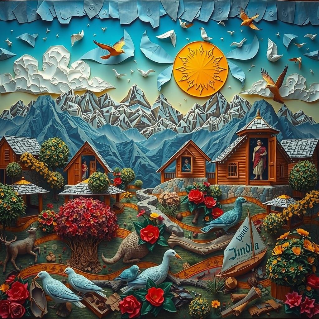 3D Origami Collage of Antediluvian Indian Landscape