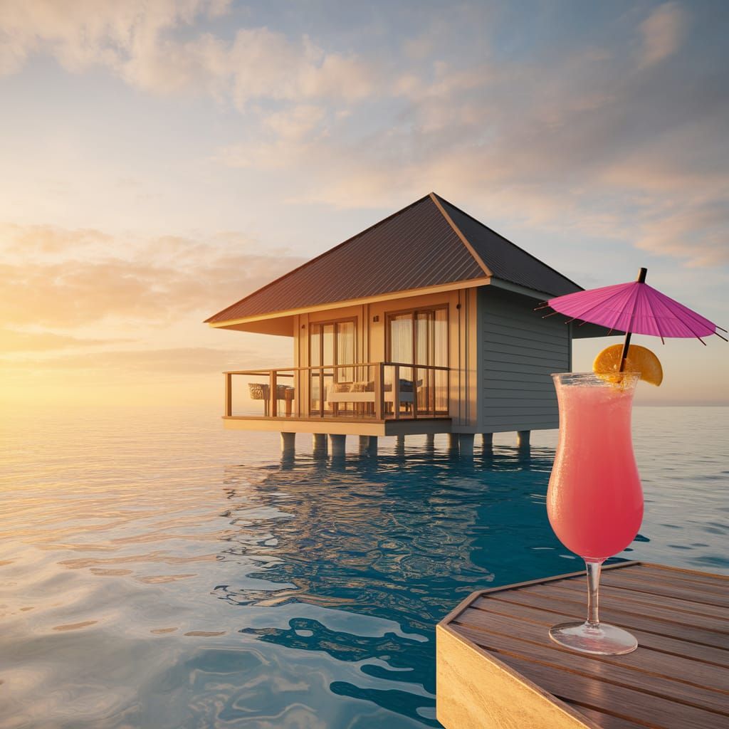 Surreal Tropical Oasis at Sunset in a Water Bungalow