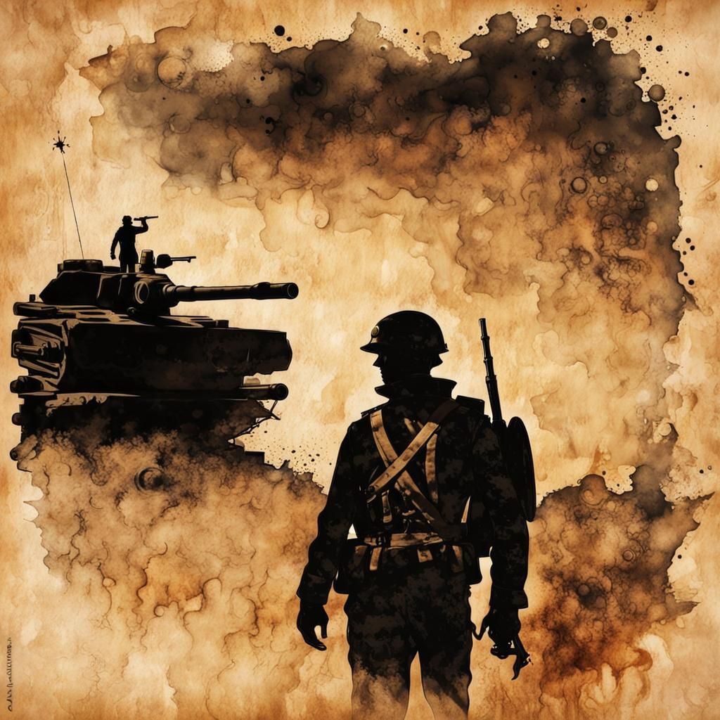 Steampunk Soldier Silhouette in Ink Painting Style