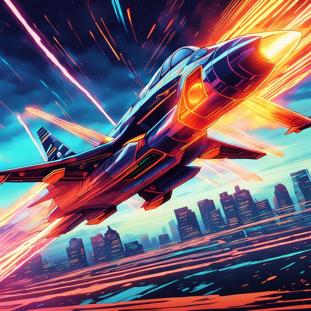 Anime Jet Launch with Neon Manga Explosion