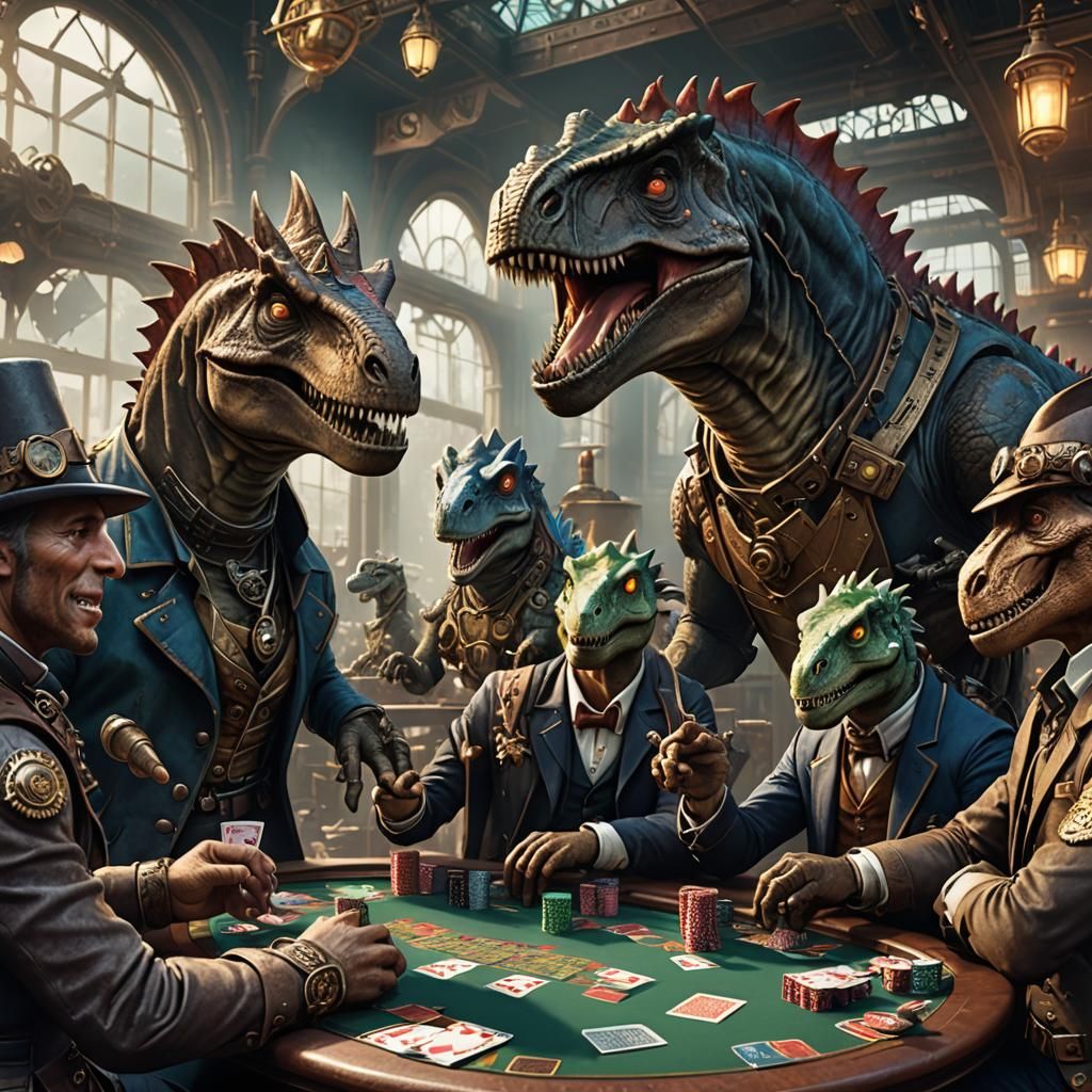 Steampunk Dinosaurs Play Poker in Detailed Digital Painting