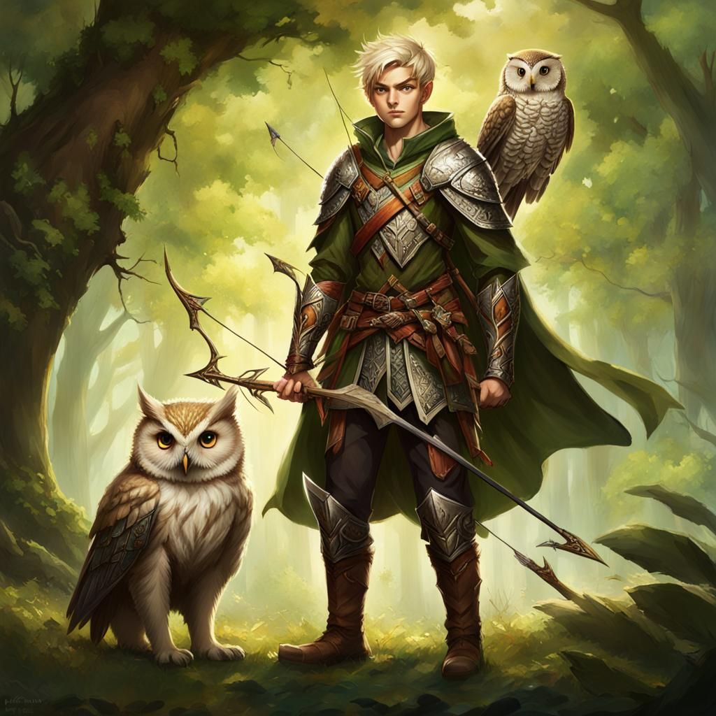 Elf Archer with Owl Companion in Forest Armor