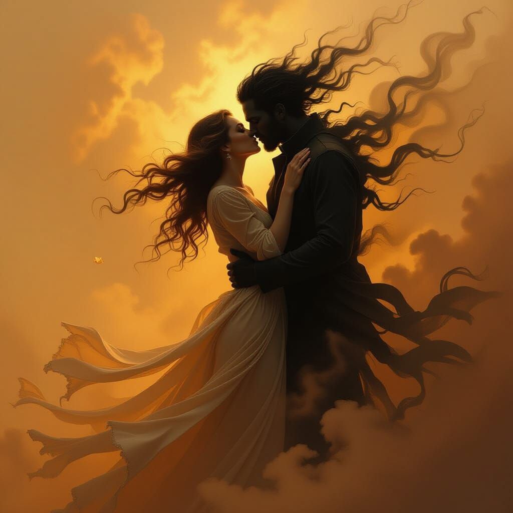 Figures Kissing in a Whirlwind of Fire