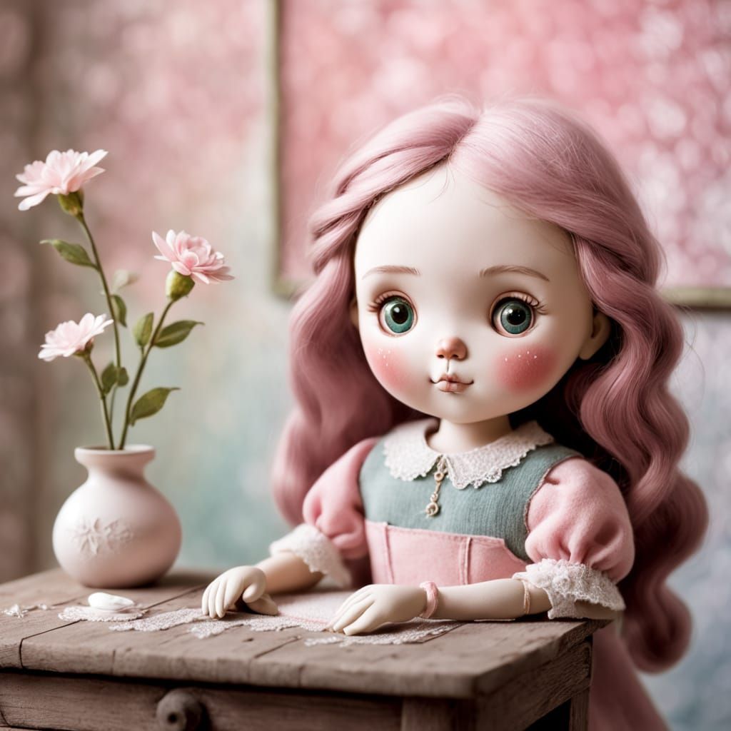 Whimsical Felt Doll on Vintage Table