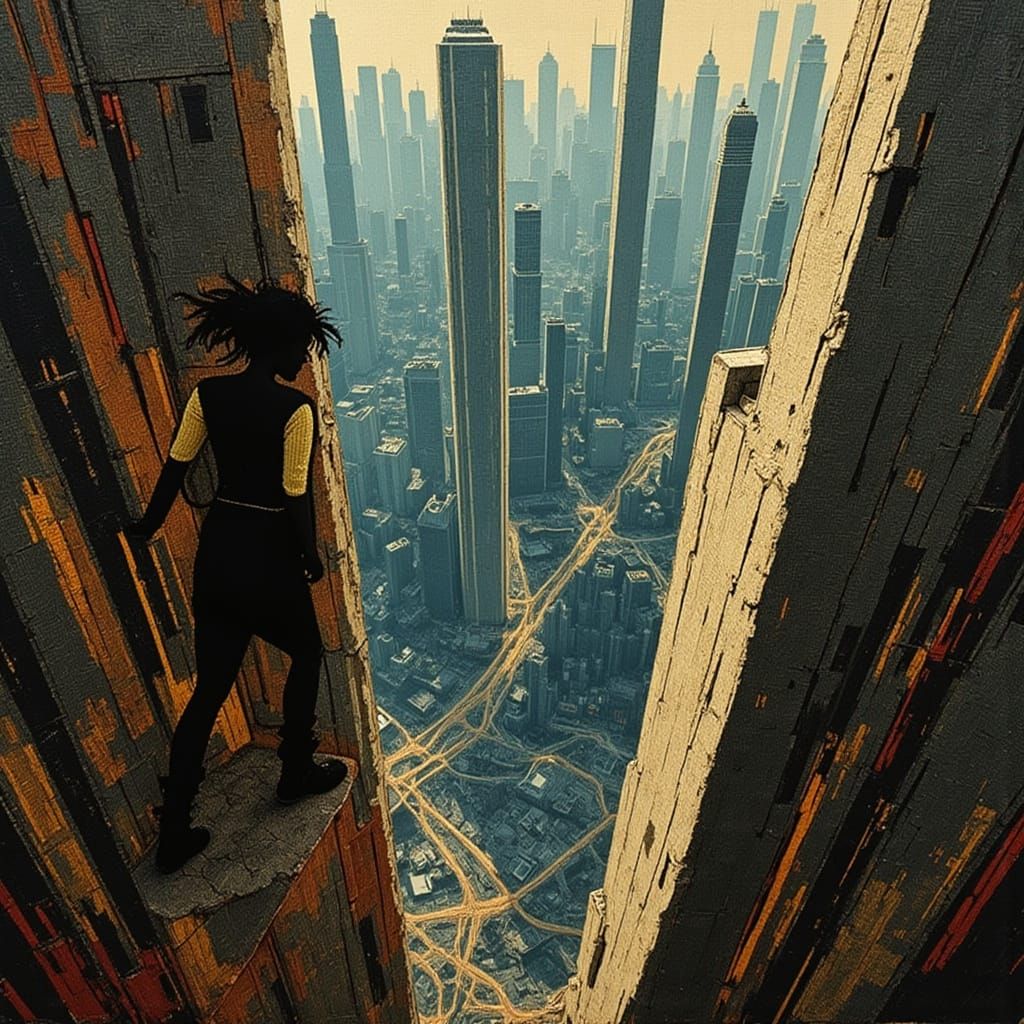 Woman Overlooking Futuristic Cityscape in Digital Art Style