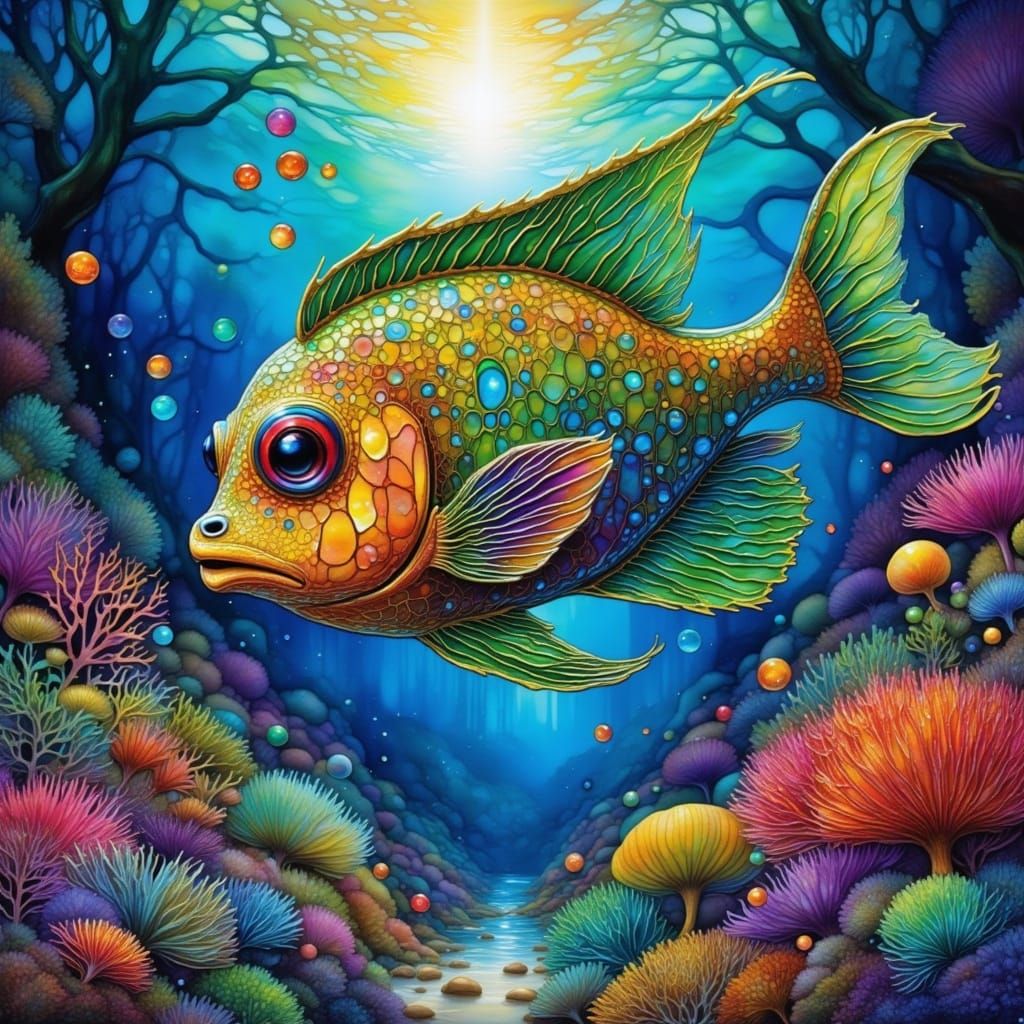 Triggerfish in Vibrant Coral Reef, Oceanic Bioluminescence