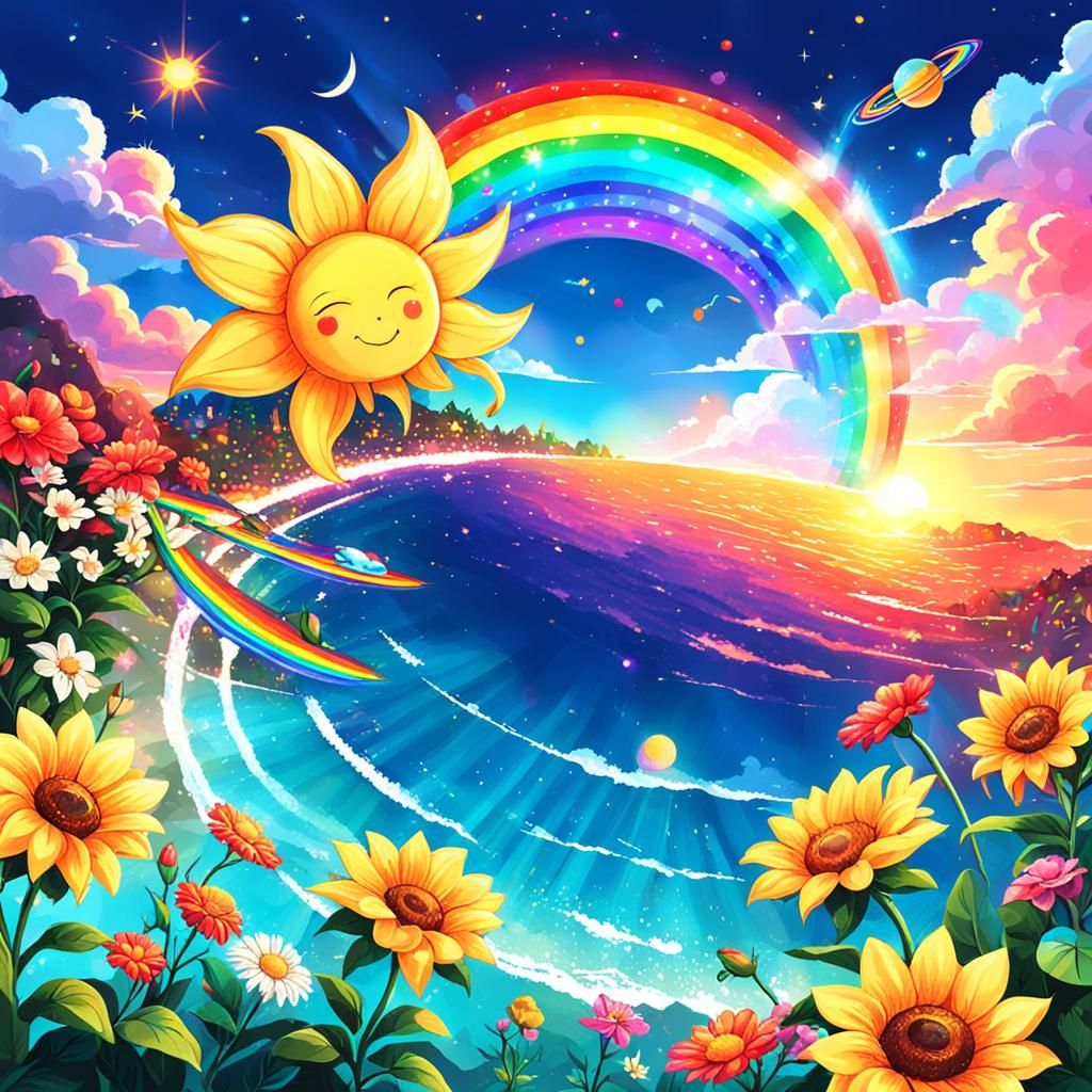 Colorful Emoji Landscape with Volcano and Flowers