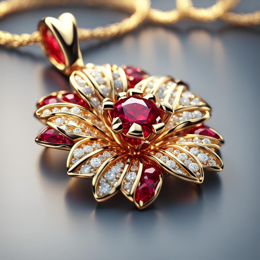 Gold Pendant with Ruby and Diamond Flower: 3D Render